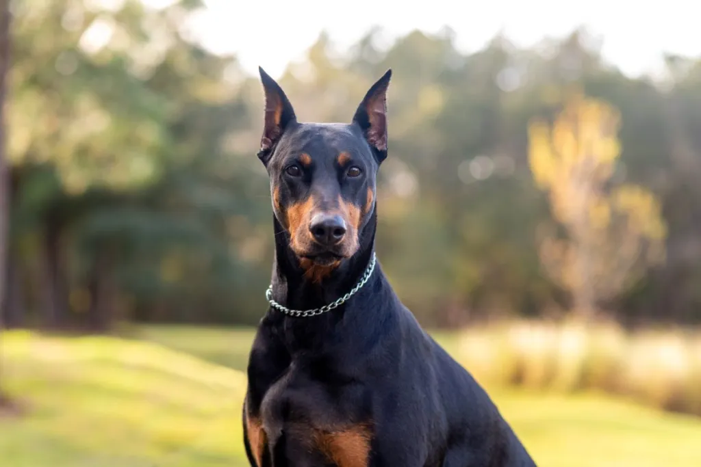 Dobermani pinšer õues pargis.