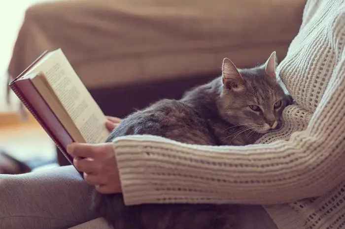 naine luges raamatut kass istub süles